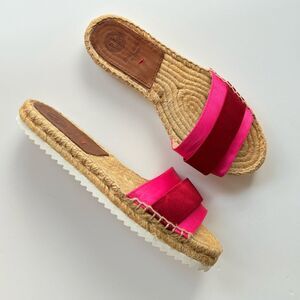 Gioseppo Satin Espadrille Flat Slide Sandals in Red & Pink Size 7